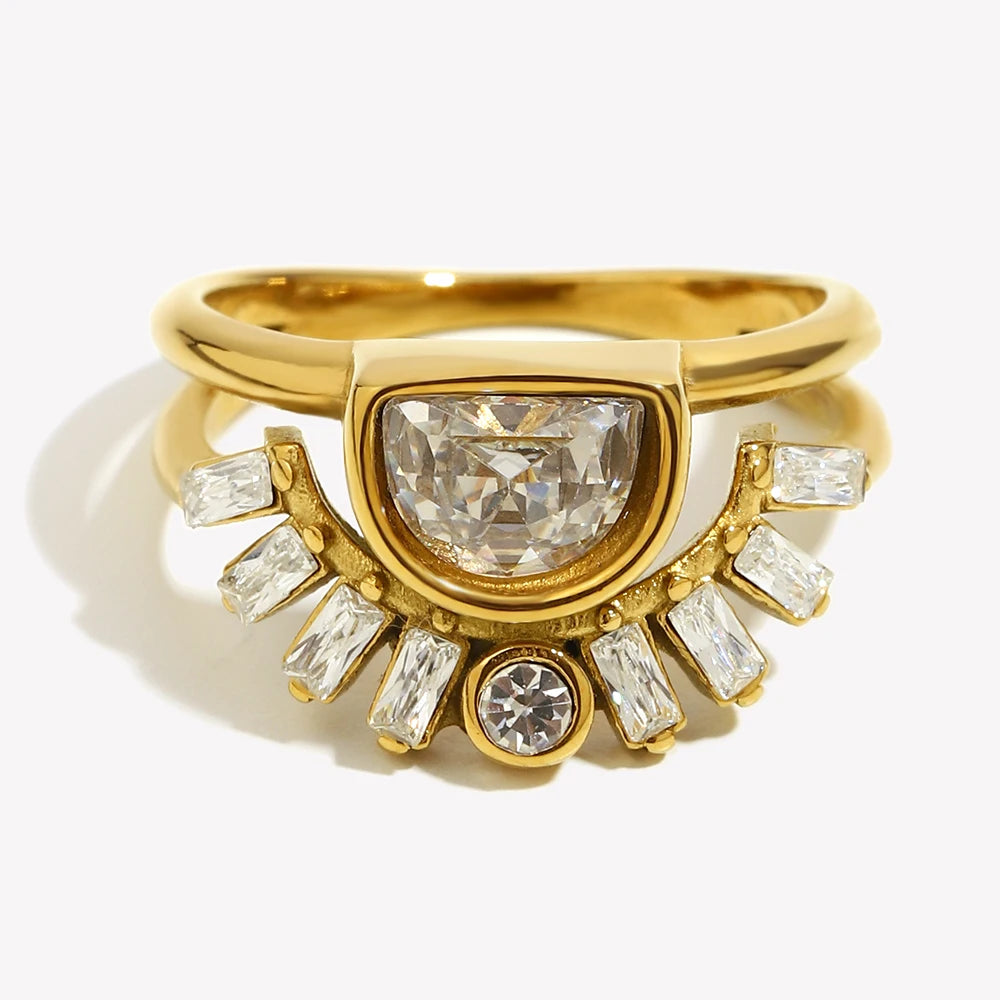 Women's Stainless Steel Rhinestone Sun Layer Ring – Elegant Tarnish-Free Party Jewelry Gift