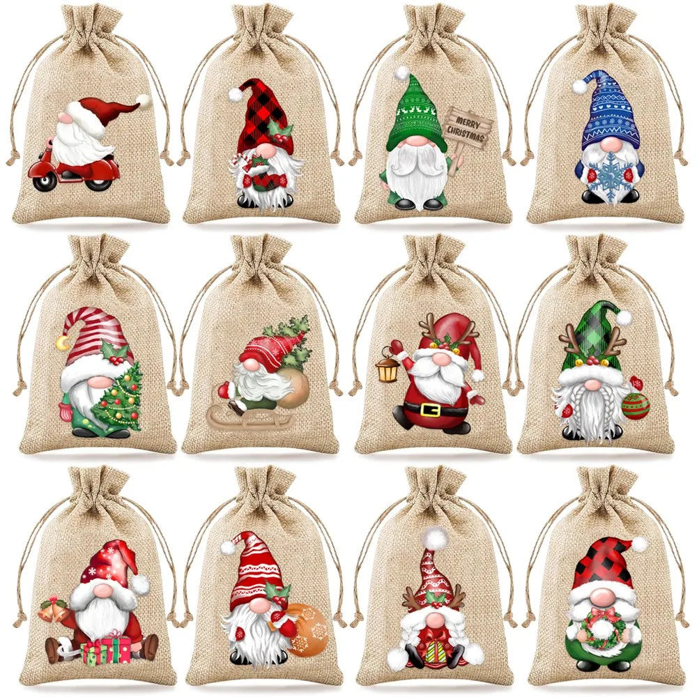 12PCS Christmas Linen Drawstring Gift Bags – 13×18cm Jewelry & Party Pouches with Random Patterns