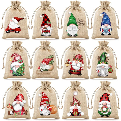 12PCS Christmas Linen Drawstring Gift Bags – 13×18cm Jewelry & Party Pouches with Random Patterns