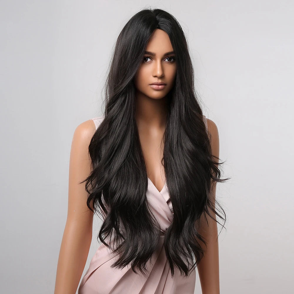 ALAN EATON Black Long Wavy Synthetic Wig – Natural Afro Hair, Middle Part, Heat-Resistant Fiber for Daily Use