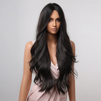 ALAN EATON Black Long Wavy Synthetic Wig – Natural Afro Hair, Middle Part, Heat-Resistant Fiber for Daily Use