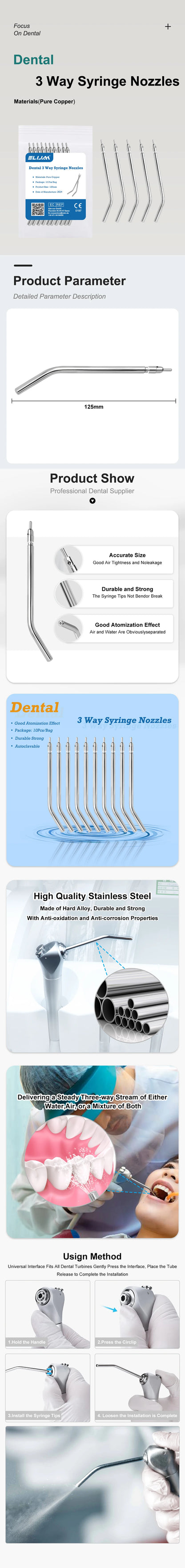 10pcs Stainless Steel Dental Air Triple Syringe – 3-Way Air Water Spray Nozzles for Teeth Whitening