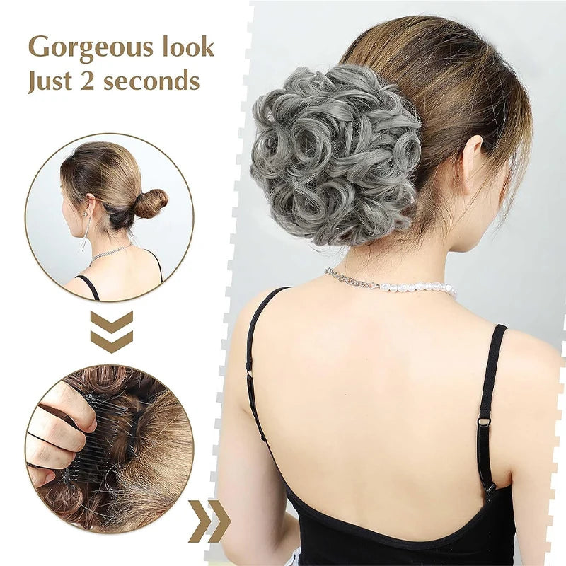 Short Messy Curly Hair Bun Extension – Easy Stretch Combs & Clip-in Ponytail Scrunchie Chignon for Hair Styling