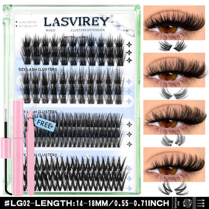 Lasvirey DIY Cluster Lashes Kit – 4-in-1 Fluffy Eyelash Extension Set with Lash Bond & Seal, Mixed Full Individual Lash Clusters