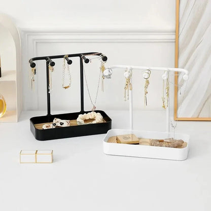 Bedroom Desktop Jewelry Storage Holder | Earrings and Necklaces Rack with Wooden Base | Bracelet Hanging Organizer