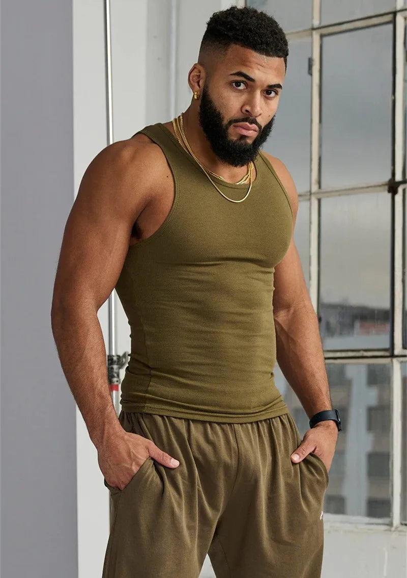 Men's 2026 Ice Silk Ribbed Vest - Slim Fit Sleeveless Fitness Sports Leisure Tank Top Solid Color Shirt