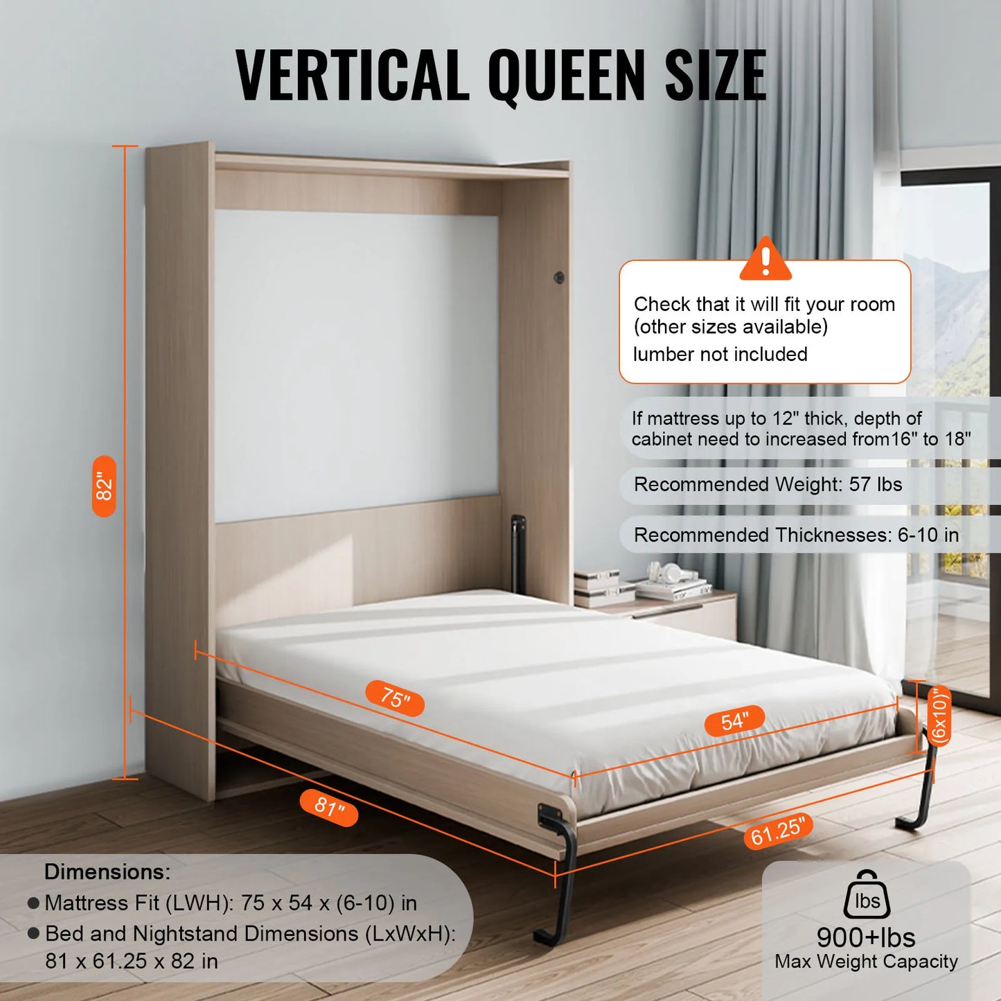 Full Size Wall Bed Hardware Kit - Heavy Duty Vertical Mechanical Lift Frame with Pneumatic Lever System for Guest Rooms