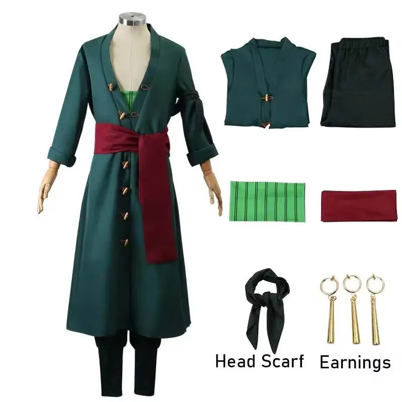 Roronoa Zoro Cosplay Costume – Anime Kimono Robe Cloak Uniform Outfit with Earrings, Halloween & Comic Con Roleplay Dress Up Suit