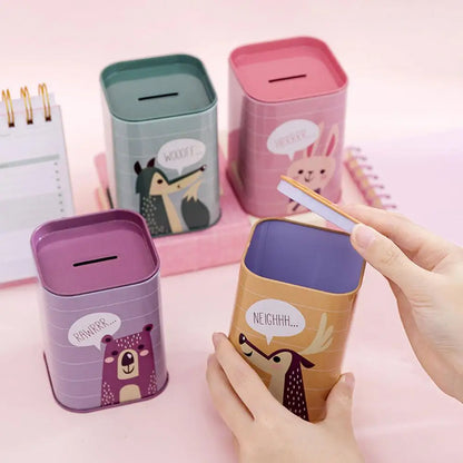 Cartoon Piggy Bank Money Box – Cute Metal Coin Holder, Rectangular Storage Box for Savings and Pens