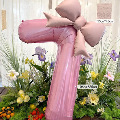 40-Inch Pink Digital Bowknot Foil Balloon - Decorative Number Balloon for Girls’ Birthdays, Weddings and Party Photo Props