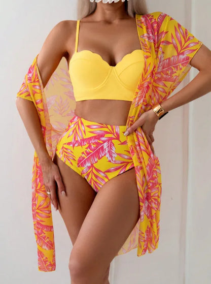 2025 Women’s Three-Piece Floral Bikini Set – Long Sleeve Swimwear with Cover-Up, Stylish Summer Bathing Suit
