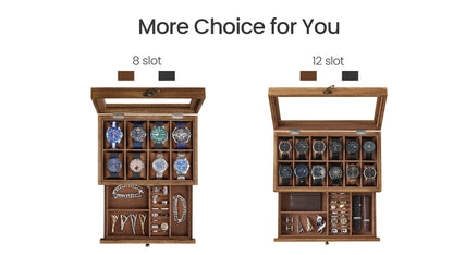 SONGMICS 12-Slot Watch Box – 2-Tier Watch Display Case with Glass Lid, Removable Pillows & Velvet Lining Jewelry Organizer