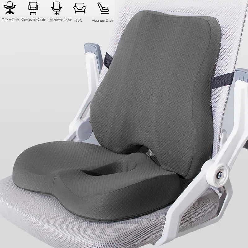 Memory Foam Seat Cushion & Waist Back Support Pillow Set – Orthopedic Ergonomic Coccyx & Lumbar Pad for Office Chair & Car