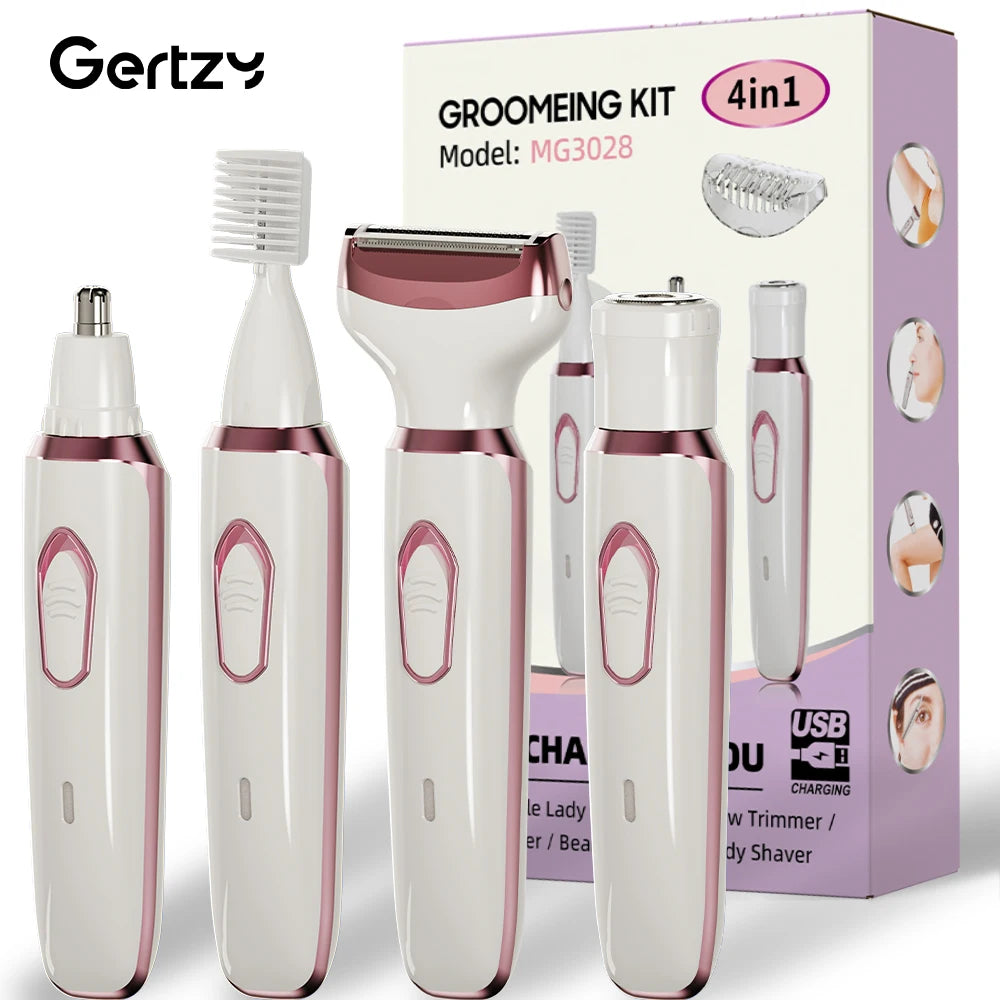4-in-1 Rechargeable Electric Razor for Women – Wet & Dry Painless Trimmer for Face, Nose, Legs, Underarm & Bikini