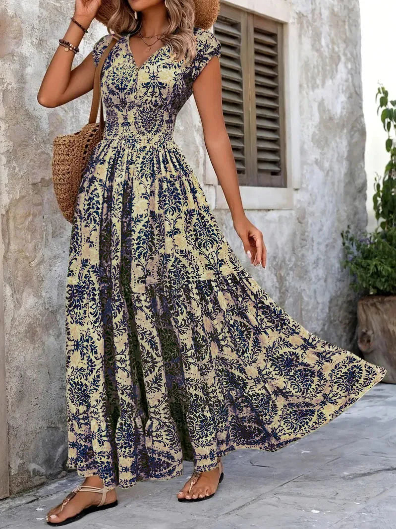 2025 Vintage Printed V-Neck Dress – Elegant Short-Sleeve Jumpsuit with Long Skirt for Women