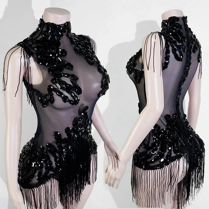 Sexy Shiny Silver Sequin & Black Spandex Jumpsuit — 2025 Women’s Prom, Dancer & Stage Performance Costume