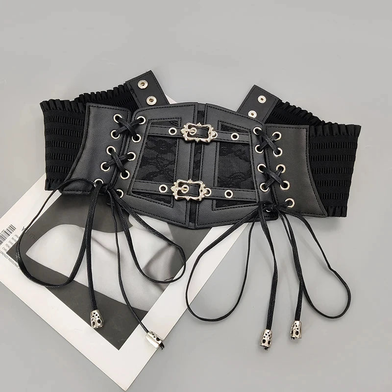 Retro Gothic Corset Belt - Elastic Lace Pin Buckle Waist Cummerbund for Women Dresses & Shirts