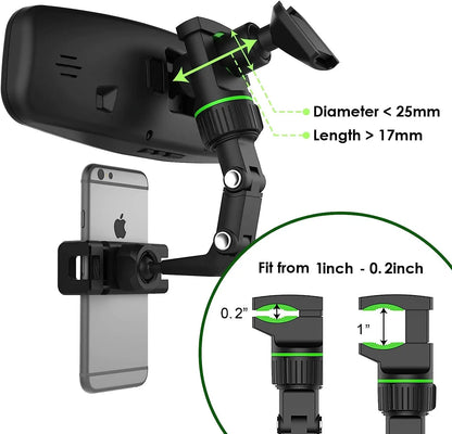 Rearview Mirror Phone Holder - 360° Rotatable Retractable Car Phone Mount for All Vehicles