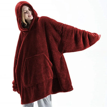 Oversized Fleece Hoodie Blanket - Warm Double-Faced Sherpa Robe with Large Pocket for Women & Men
