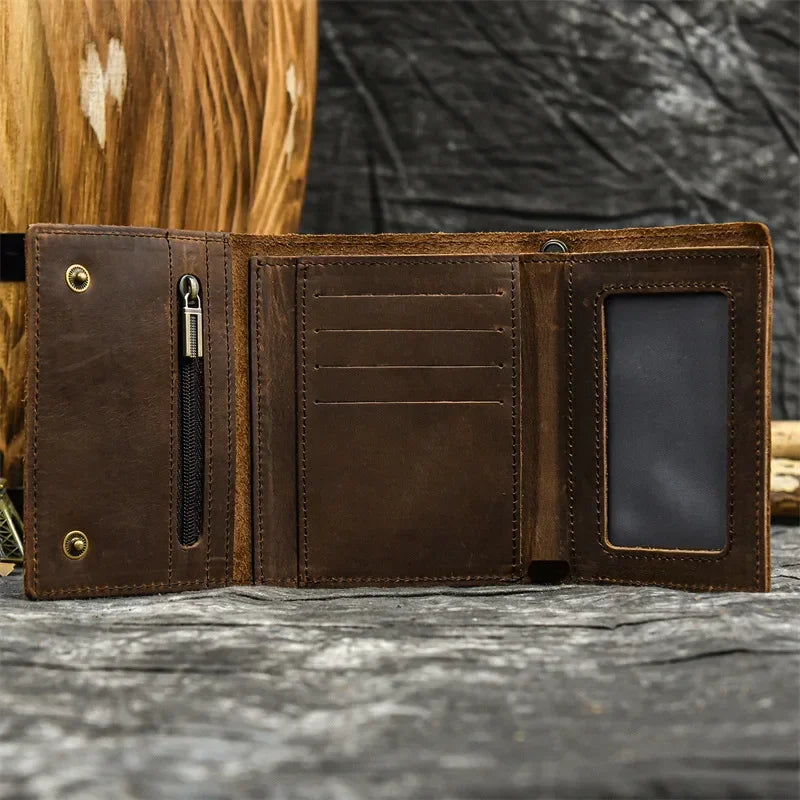 Men’s Genuine Leather Short Wallet with Chain – Trifold Zipper Clutch, Card Holder & Coin Purse