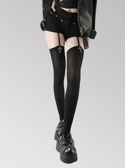 Women's Thigh-High Stockings - Solid Color Gothic Cross Suspender Socks for Lolita, Cosplay & Anime Styles