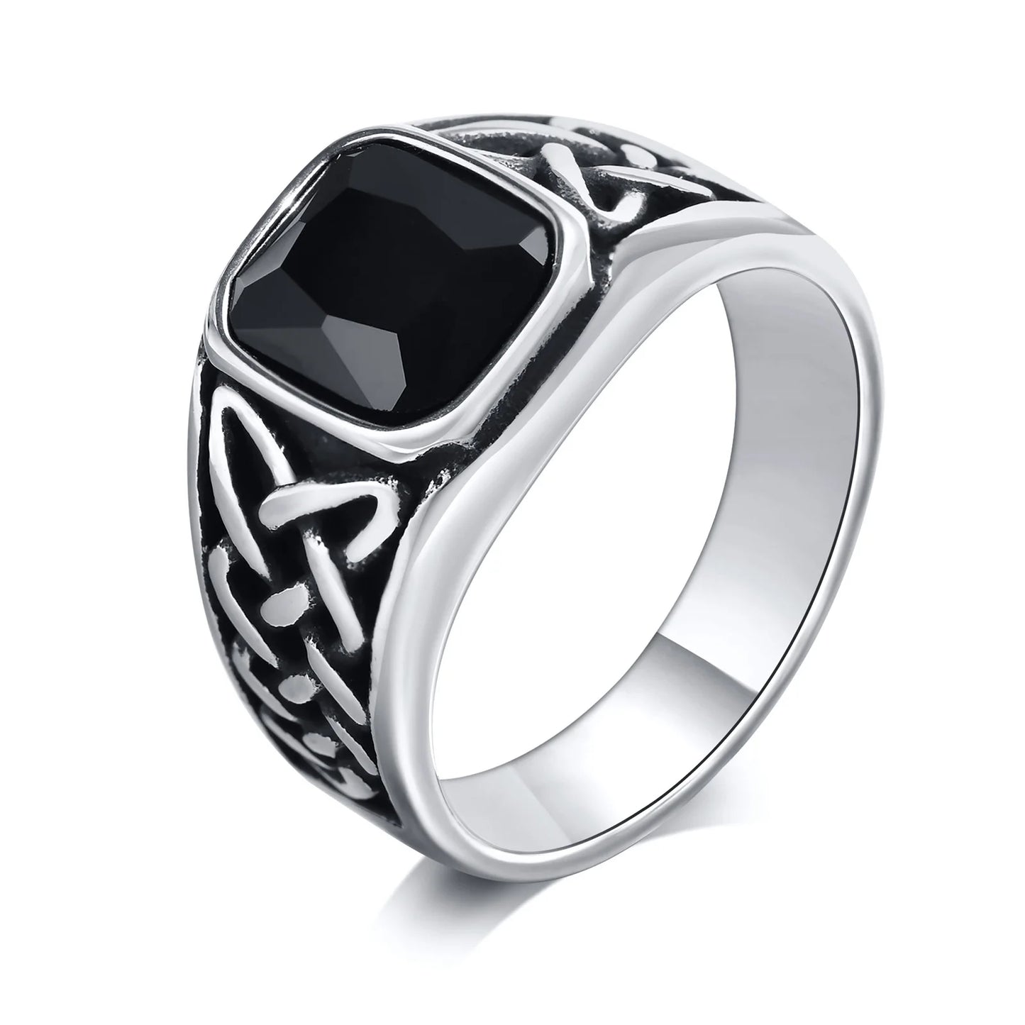 Punk Vintage Ethnic Rings for Men – Retro Viking Knot Rune, Black Geometric Square Stone Signet Jewelry