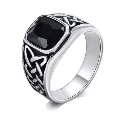 Punk Vintage Ethnic Rings for Men – Retro Viking Knot Rune, Black Geometric Square Stone Signet Jewelry