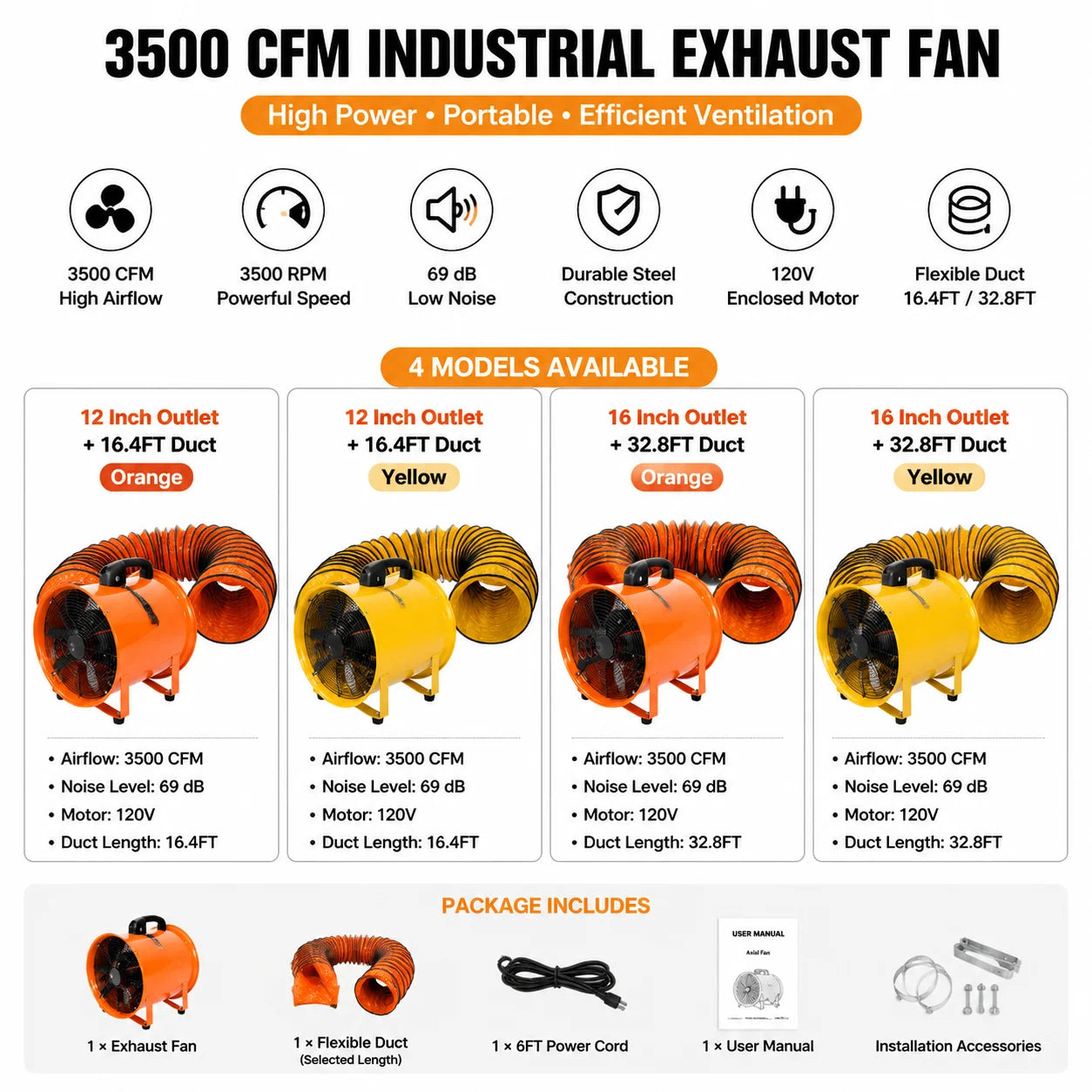 Portable Industrial Exhaust Fan - 3500 CFM Heavy-Duty Ventilation Blower with Flexible Duct for Workshop, Basement & Attic