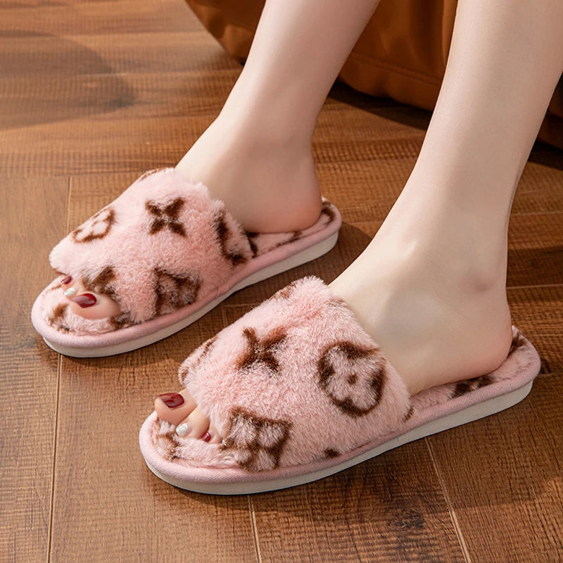 Fuzzy Fur Women’s Slippers — Indoor Autumn/Winter Luxury Plush Flats, Fluffy Casual Slides, Elegant Home Shoes