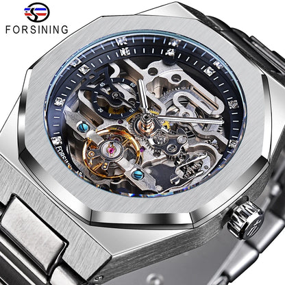 Forsining Men’s Automatic Mechanical Watch – Luminous Hands, Stainless Steel Strap, Luxury Skeleton Fashion Watch