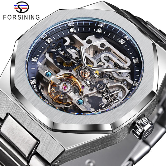 Forsining Men’s Automatic Mechanical Watch – Luminous Hands, Stainless Steel Strap, Luxury Skeleton Fashion Watch