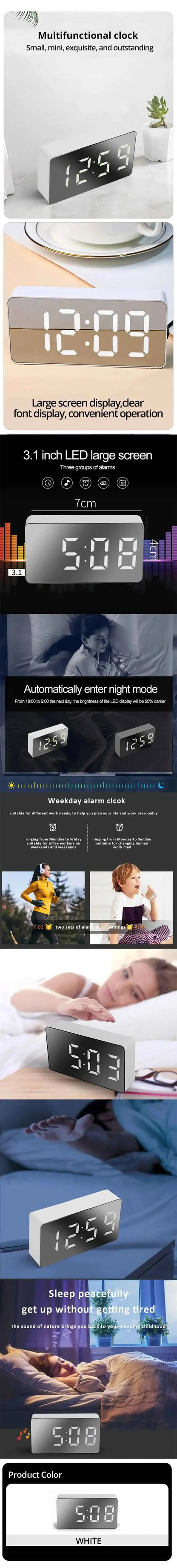 White LED Mirror Alarm Clock – USB Desktop Clock with Time Display, Snooze & Night Light for Home Decor