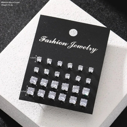 12 Pairs Square Zircon Earrings Set for Men & Women – Fashionable Simple Daily Wear Jewelry Collection, Elegant Gift Accessory Set