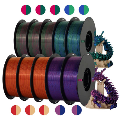 Tri-Color Dual-Color Silk Rainbow PLA Filament 1.75mm – Accurate +/-0.03mm, Compatible with Most FDM 3D Printers