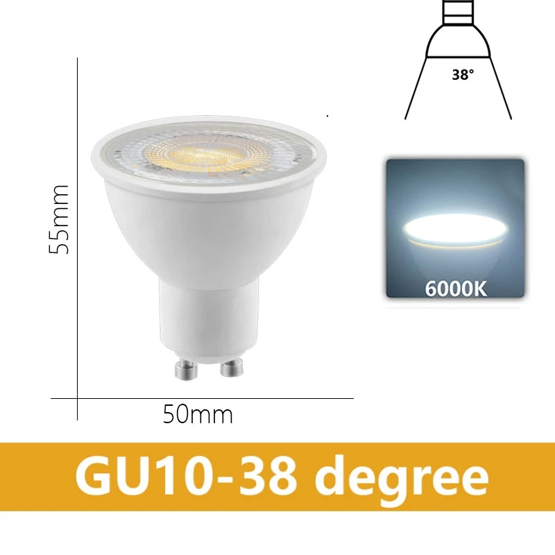 6PCS GU10 LED Spotlights AC175–265V – 3W/6W/9W/12W No Flicker Bulbs, 120°/38° Beam, Halogen Replacement