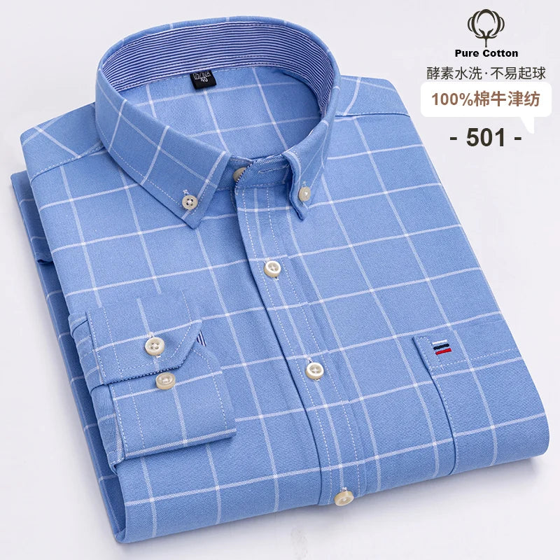 Men's 100% Cotton Oxford Plaid Shirt - Soft Regular Fit Long Sleeve Formal Dress Shirt with Pocket S-7XL
