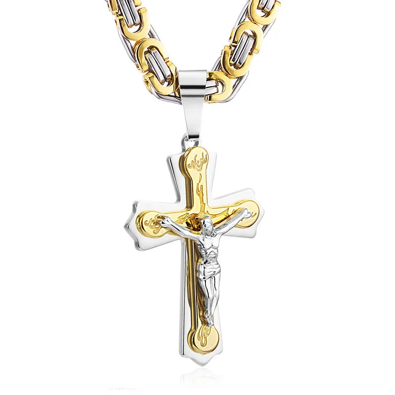 Diyalo Stainless Steel Jesus Cross Necklace for Men – Byzantine Chain Crucifix Pendant Religious Jewelry, Christian Fashion Gift Accessory