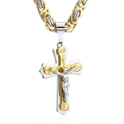 Diyalo Stainless Steel Jesus Cross Necklace for Men – Byzantine Chain Crucifix Pendant Religious Jewelry, Christian Fashion Gift Accessory