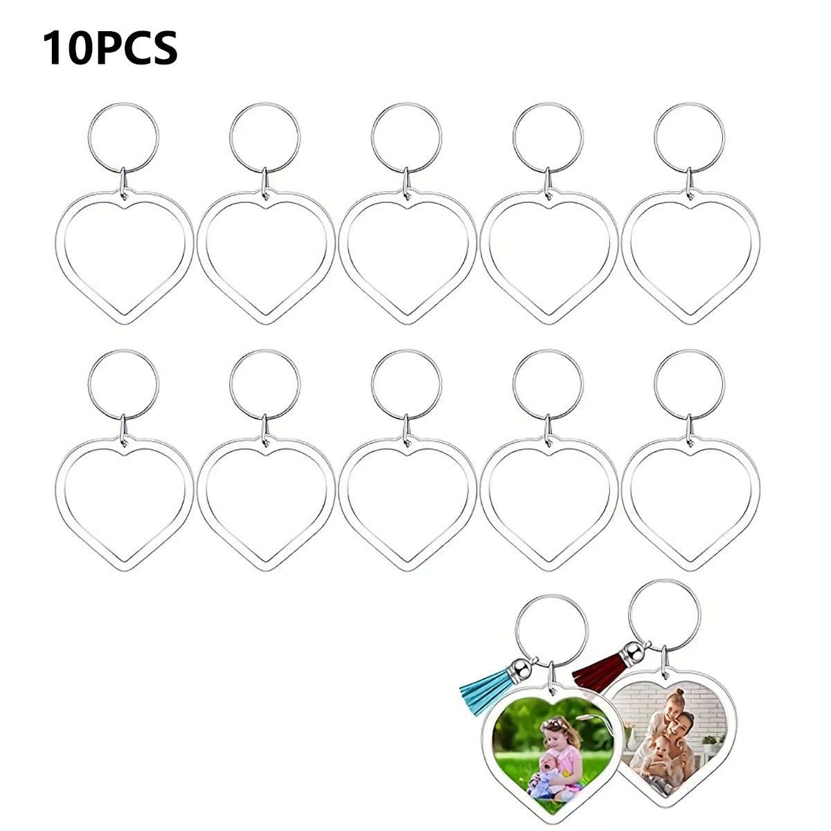 Transparent Photo Frame Keychain - Acrylic Snap-In Custom Picture Pendant with Tassel, 10-Piece Set