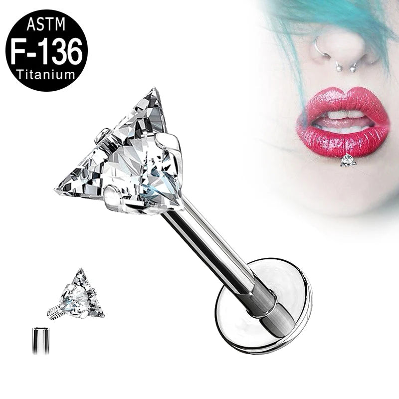 G23 Titanium Labret Piercing Studs - Triangle Zircon Lip Ear Cartilage Tragus Helix Body Jewelry Earrings