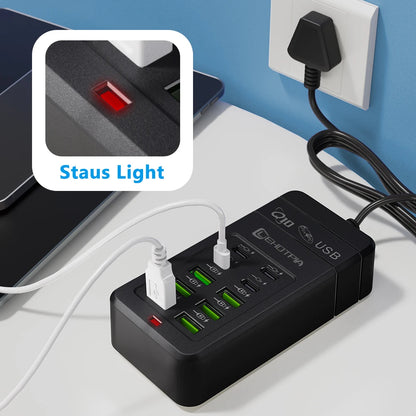 10-Port USB Fast Charger Adapter - EU UK US Plug Power Station with 6 USB-A & 4 USB-C Ports Extension Cord