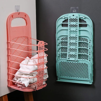 Foldable Plastic Laundry Basket – Wall-Mounted Non-Perforated Clothes Storage for Bathroom
