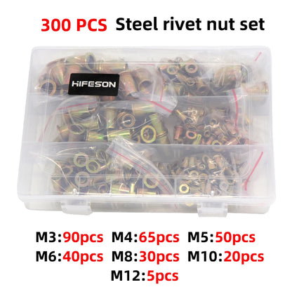 HIFESON Hand Threaded Rivet Nut Gun — Manual Riveter with 70/95/300PCS M3-M12 Nuts for Easy Installation