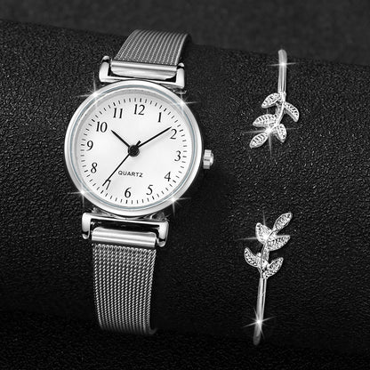 2PCS Fashion Arabic Dial Women's Quartz Watch – Steel Mesh Band & Opening Cuff Bracelet Bangle Set (No Box)