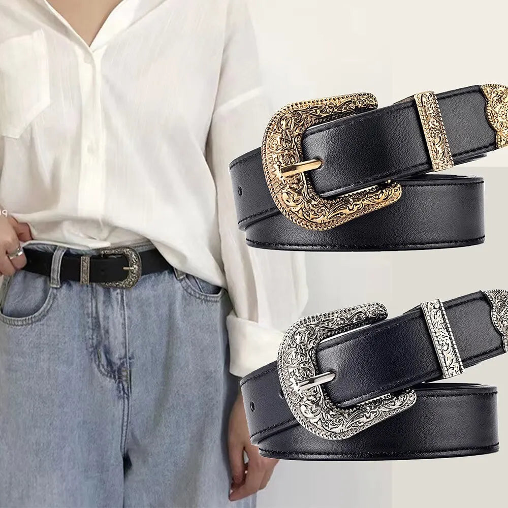 Vintage Carved Needle Buckle Belt — PU Leather Punk Hip Hop Rock Style Unisex Jeans Belt, Y2K Fashion Accessory