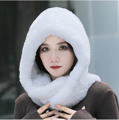 2025 Women’s Knitted Rex Rabbit Fur Hat – Hooded Scarf with Neck Collar, Long Winter Warm Fur Hat & Scarf Set