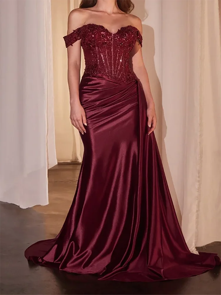 Dark Navy Off-Shoulder Prom Dress – Sweetheart Beaded Lace Evening Gown with High Side Slit, 2025 Custom