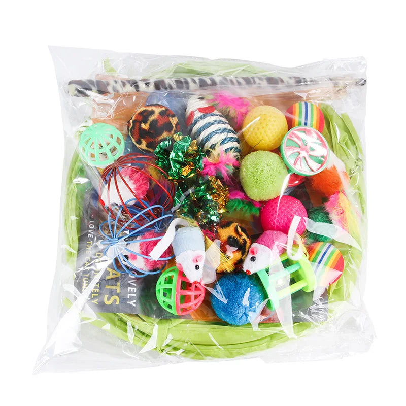Kitten Toys Variety Pack - Pet Cat Toy Combination Set with Funny Cat Stick, Sisal Mouse, Bell, and Ball - Cat Supplies