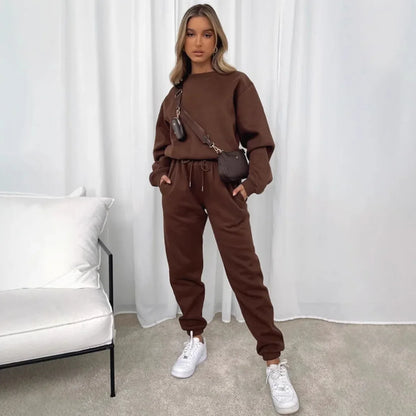 Women’s Casual Long Sleeve Sweatshirt & Pants Set – Solid Color Pullover Trousers, Round Neck Autumn Winter Outfit
