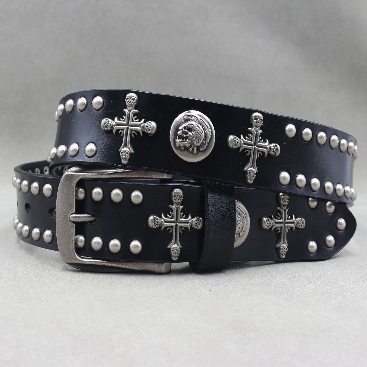 Men’s Designer Rivet Belt – Genuine Cowhide Leather Punk Rock Pin Belt for Jeans, Luxury Black Leather Belt